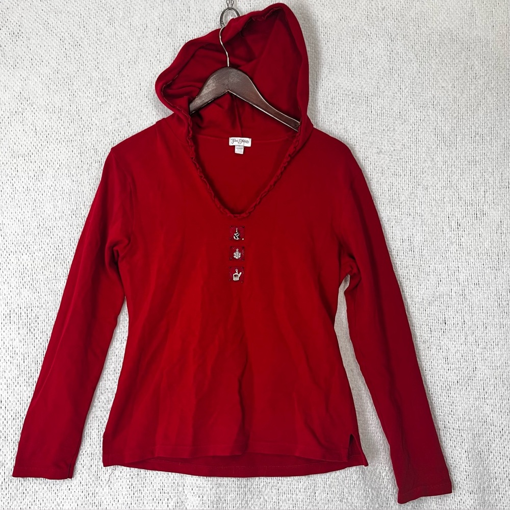 Vintage Cotton Hooded Shirt Ski Charms Stretch Red  Women Large Tea Shirts USA L